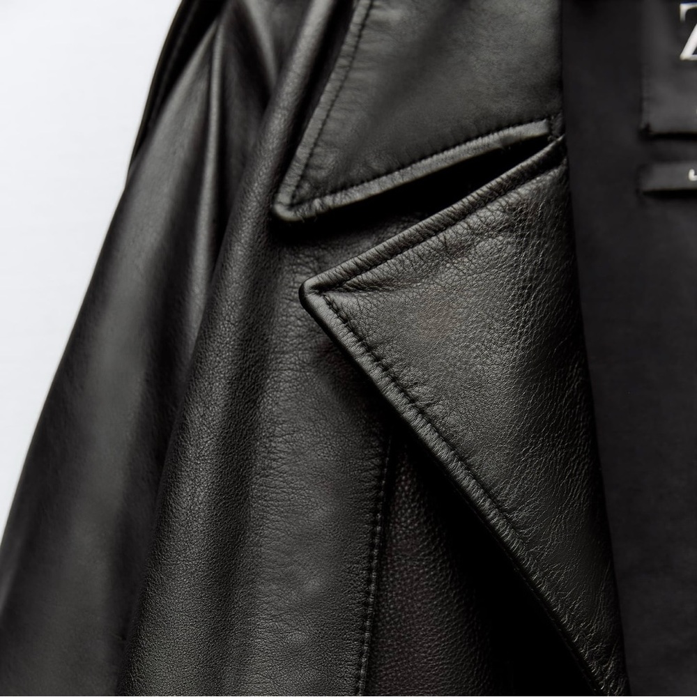 Zara Black Oversized Leather Trench Coat with Belt - Picture 8 of 10